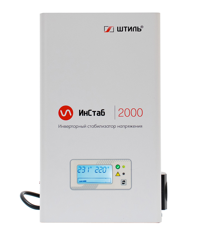 Стабилизатор переменного напряжения инверторный (с двойным преобразованием) однофазный, чистая синусоида; P-нагр.2 кВА/1.5 кВт, U-вх.90…310 В; U-вых.220…230 В (с шагом 1 В), I-вых.9 А; IP20, t-раб.+5…+40°C, 300х187х78 мм