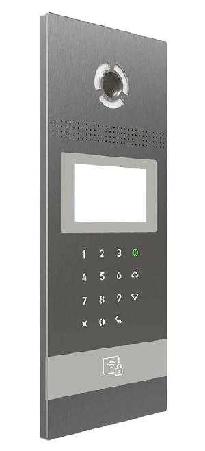Вызывная IP видеопанель многоабонентская, камера: 2.0 Мп (110°), 4" TFT экран, считывание: EM-Marin, Mifare, Bluetooth (UKEY), NFC, распознаванию лиц - 10000, сенсорные кнопки, алюминий, IP 65, -40 до +65 °C, врезная, SIP протокол, питание 12В, PoE+, Серебро. 