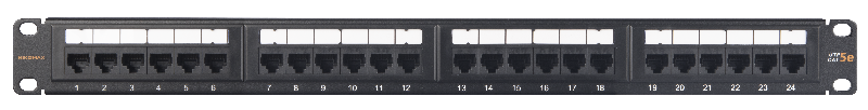 Коммутационная панель 19", 1U, 24 порта, Кат.5e (Класс D), 100МГц, RJ45/8P8C, 110/KRONE, T568A/B, неэкранированная, с органайзером, черная