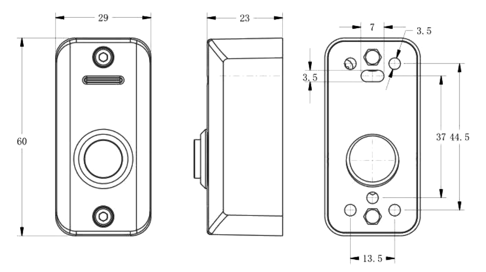 Кнопка металлическая, 2-х цветный СИД индикатор, накладная, НР контакты, 60х29х25 мм.