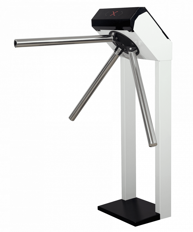 Турникет-трипод электромеханический с автоматическими планками "Антипаника". Преграждающая планка складывается при пропадании питаня/ с пульта/ с контроллера СКУД; Планки из нержавеющей стали 38мм; Материал корпуса: сталь в полимерном покрытии.