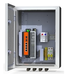 Коммутационный термошкаф: промышленный управляемый коммутатор 4хRJ45 10/100/1000 Мб/с PoE 802.3 af/at watchdog, 2хSFP 1000 Мб/с бюджет PoE 140 Вт, блок питания 150Вт/48-58 В, обогреватель 50Вт, сдвоенный термостат, оптический кросс 4 порта SC, гермовводы 4хPG9, 4хPG13.5, автомат 6А, цвет серый, 230 В AC, 200Вт, IP66, -60°С... +50°С, 300х400х210 мм.