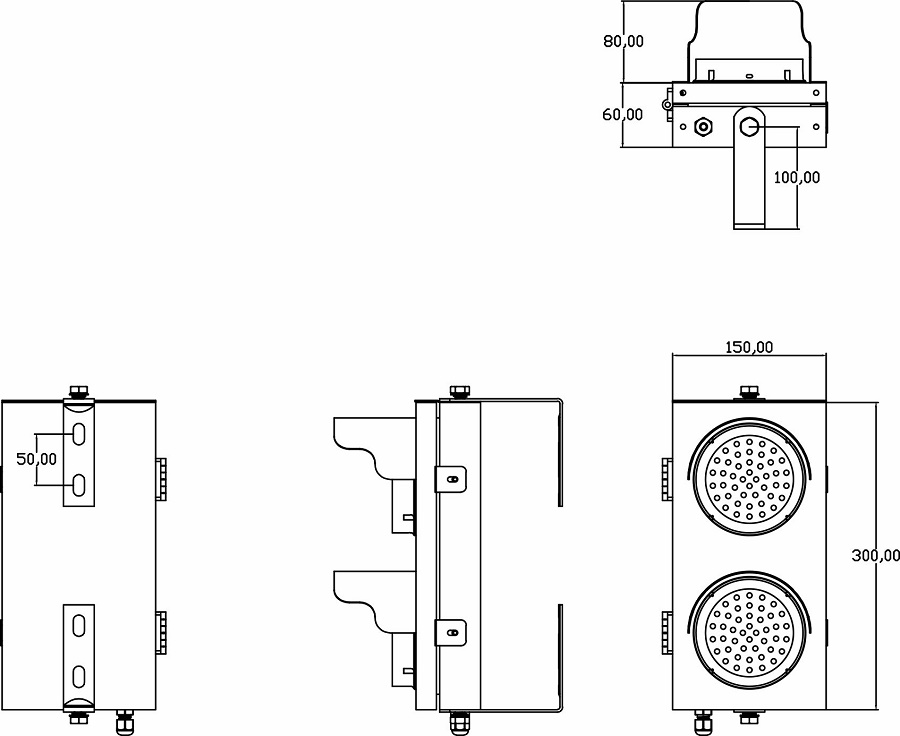 СИД индикатор красный/зеленый, кронштейн для крепления на трубе/стене, напряжение питания 12-24 В (DC), IP65, -40°+60°С, 300х150х60 мм