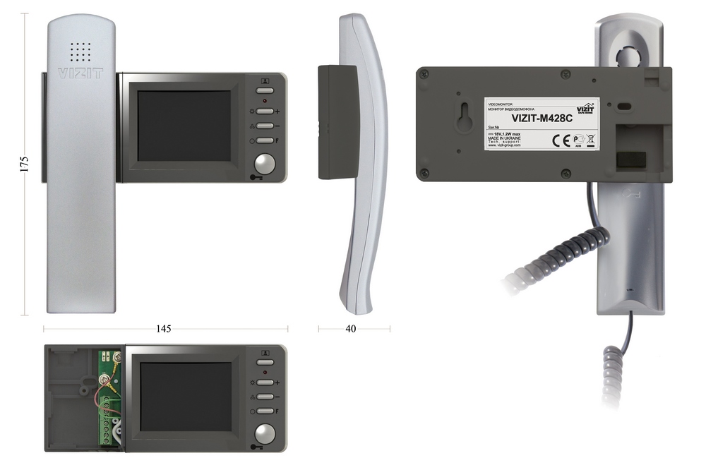 Монитор цветного изображения (PAL, 2,7")..Возможность подключения кнопки "Звонок". Функциональная кнопка для управления внешним исполнительным устройством (управление освещением).  Регулировки яркости и насыщенности изображения, громкости вызова.