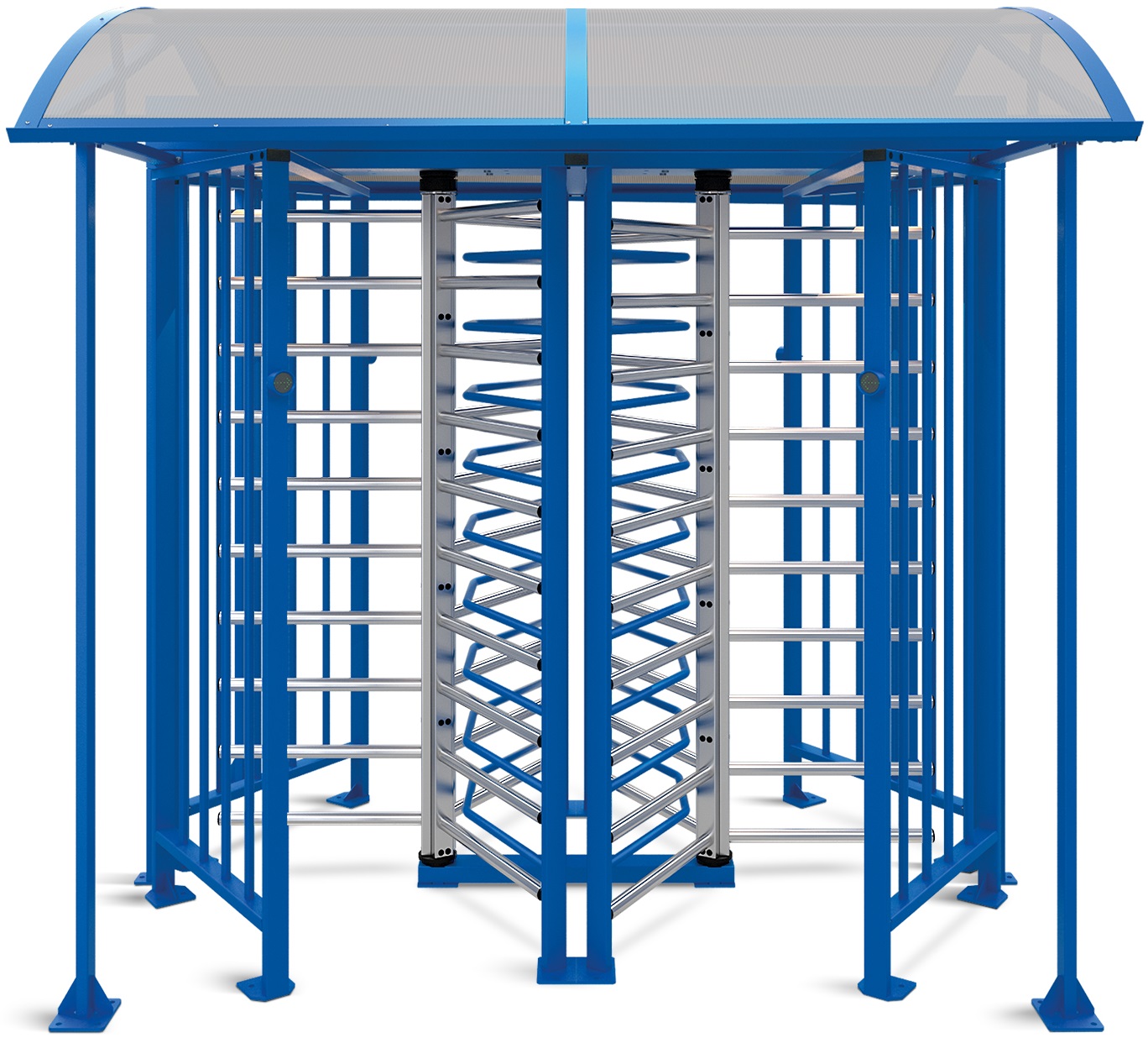 Сдвоенный полноростовый турникет с электромеханическим приводом. Для эксплуатации внутри помещений и на открытом воздухе.Исполнение: корпус оцинкованная сталь, синий цвет; ротор, планки нержавеющая сталь.