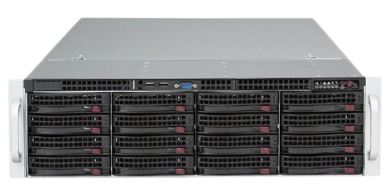 Видеосервер до 96 IP – каналов с предустановленным программным обеспечением Интеллект Х, запись постоянная 24 часа в сутки с разрешением 1920х1080 (Full HD) и суммарным видеопотоком 720 Мбит/с. Серверный корпус 19” 3U (437x132x647 мм), Astra Linux SE «Орёл», полезный архив ёмкостью 208 Тб SAS – аппаратный RAID 6 по умолчанию (жёсткие диски HDD в комплекте с сервером), 1хHDMI, 1xDisplayPort, 1xDVI.