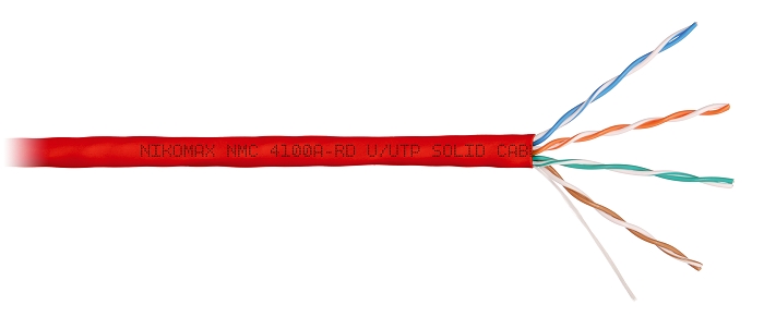 Кабель U/UTP 4 пары, Кат.5e (Класс D), тест по ISO/IEC, 100МГц, одножильный, BC (чистая медь), 24AWG (0,51мм), поливинилхлорид, внутренний, красный, 305м