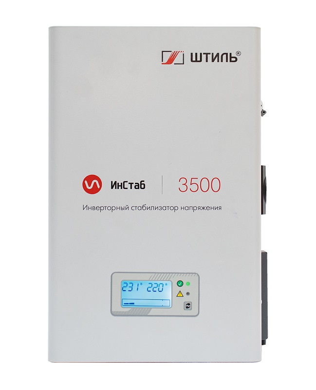 Стабилизатор переменного напряжения инверторный (с двойным преобразованием) однофазный, чистая синусоида; P-нагр.3.5 кВА/2.75 кВт, U-вх.165…310 В, U-вых.220…230 В (с шагом 1 В), I-вых.15.9 A; IP20, t-раб. +5…+40°C, 205х370х103 мм
