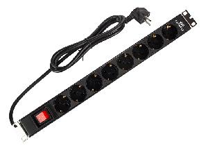 Блок распределения 19" (PDU) с выключателем на 16А, 8 разъемов SHUKO, шнур питания 1,8 м, черный