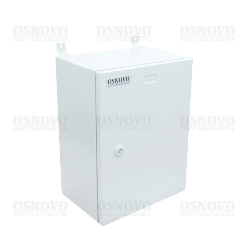 Уличная станция с оптическим кроссом. В основе металлический шкаф с классом защиты IP66. Доступное место под установку оборудования на встроенные DIN-рейки: верхняя - 210мм, нижняя - 150мм. 300x400x210мм. -50…+50°С.