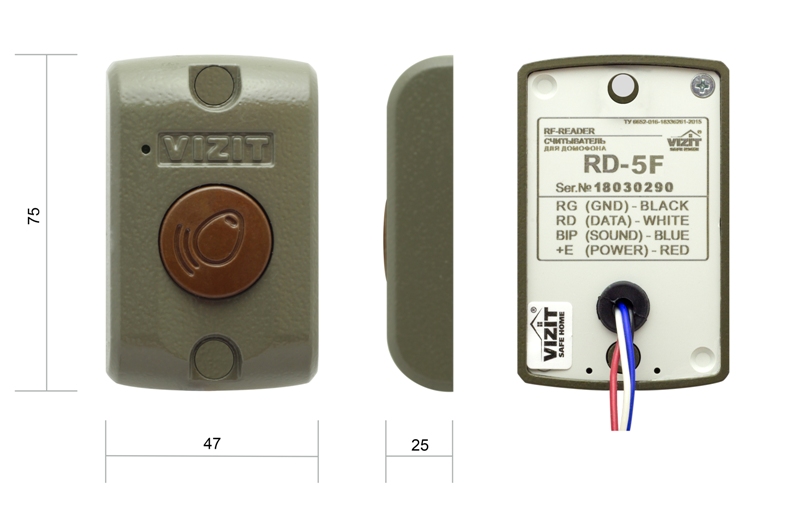 Считыватель ключей VIZIT-RF3.1(RFID-13.56МГц), накладной вариант крепления; звуковая индикация режимов работы, светодиодный индикатор. Функция привязки ключей к установленному PIN-коду.