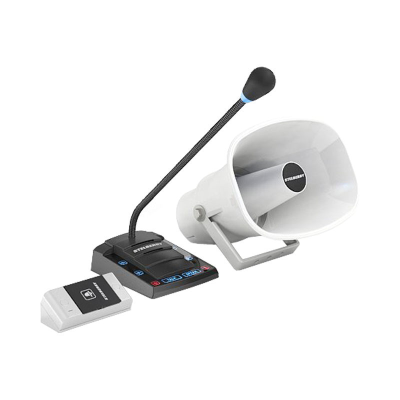 Комплект переговорного устройства клиент-кассир для АЗС с системой громкого оповещения, функцией "симплекс", функцией "вызов",&nbsp;&nbsp;встроенным усилителем, рупором на 15 Ватт и выходом для записи переговоров