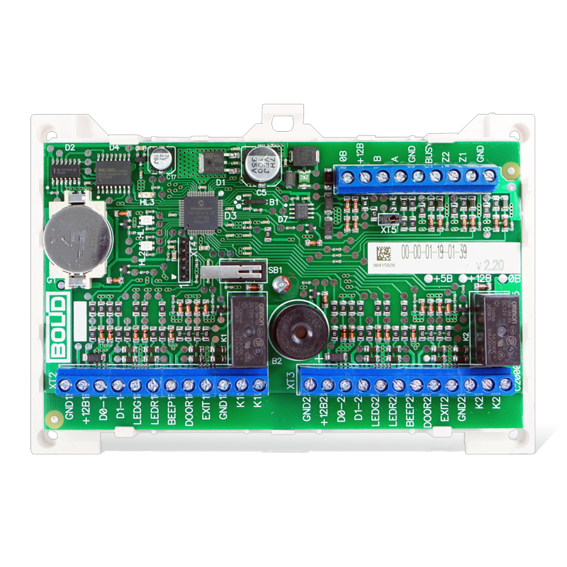 Контроллер доступа на два считывателя. Интерфейс Touch Memory или Виганд. Объем памяти 32768 пользователей. Два охранных шлейфа и два выходных реле.