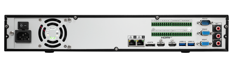 IP Видеорегистратор до 16 каналов; разрешение записи до 32 Мп; H.265/H.264/MJPEG; 4 SATA III порта до 20 Tб; 1 USB 2.0; 2 USB 3.0; AC 100~240V, 50/60 Hz