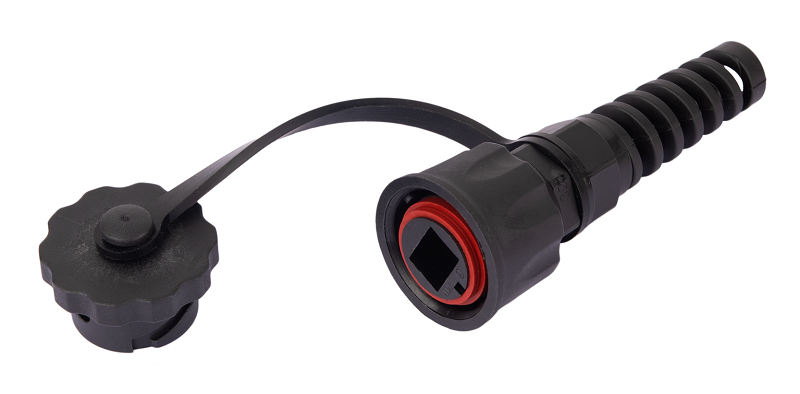 Индустриальный коннектор RJ45/8P8C, Кат.6 (Класс E), 250МГц, покрытие 50мкд, неэкранированный, IP67, для одножильной витой пары,  с защитной крышкой, черный