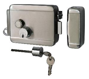 Эл-мех. накладной замок, НЗ, универсальный DIN, цилинр снаружи и изнутри, кнопка изнутри (блокировка кнопки), питание 12VDC/3А,&nbsp;&nbsp;-40°+50°С, никелированная сталь.