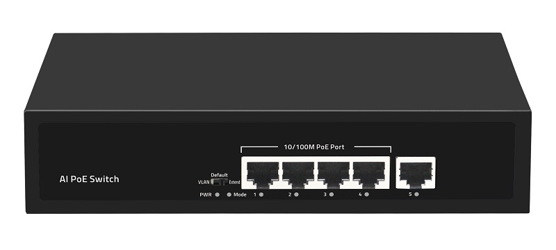 Неуправляемый коммутатор, 4 RJ-45 POE порта (10/100 Мбит/с), 1 RJ-45 Uplink порт (10/100 Мбит/с), бюджет на порт до 30 Вт, общий бюджет до 65 Вт.