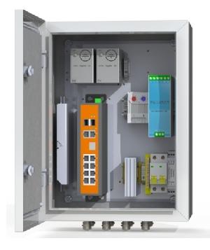 Коммутационный термошкаф: промышленный неуправляемый коммутатор 8хRJ45 10/100/1000 Мб/с PoE 802.3 af/at watchdog, 2 порта IEEE 802.3af/at/bt, 2 порта IEEE 802.3af/at+Passive PoE 24В, 2хSFP комбо порта 1000 Мб/с, бюджет PoE 230 Вт, поддержка передачи PoE до 250м,блок питания 240Вт/48-58 В, обогреватель 50Вт, сдвоенный термостат, оптический кросс 4 порта SC, гермовводы 4хPG9, 4хPG13.5, автомат 6А, цвет серый, 230 В AC, 290Вт, IP66, -60°С... +50°С, 300х400х210 мм.