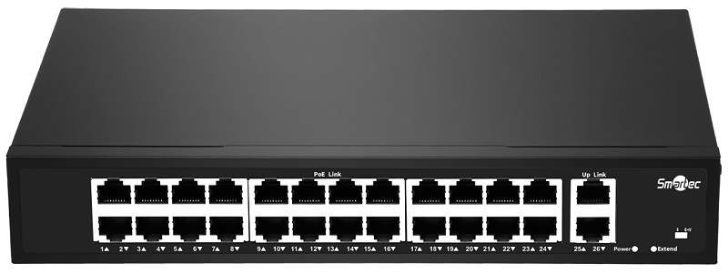 Неуправляемый коммутатор, 24 RJ-45 POE порта (10/100 Мбит/с), 2 RJ-45 Uplink порта (1000 Мбит/с), бюджет на порт до 30 Вт, общий бюджет до 255 Вт.