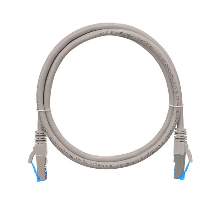 Коммутационный шнур S/FTP 4 пары, Кат.6 (Класс E), 250МГц, 2хRJ45/8P8C, T568B, заливной, с защитой защелки, многожильный, BC (чистая медь), 26AWG (7х0,165мм), LSZH нг(А)-HFLTx, серый, 3м