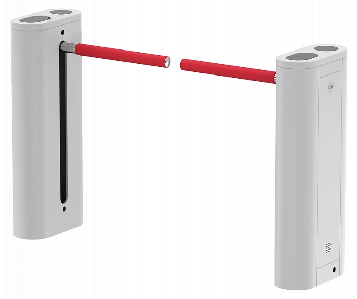 Скоростной турникет с автоматической штангой "Антипаника" и встроенными считывателями Mifare, IP54, ширина прохода 575 (1170) мм, пропускная способность 25-30 чел/мин, 100-240 В, 40Вт, сухой контакт, материал корпуса - металл, -20...+70°С, внешние габариты 1530х390х970 мм