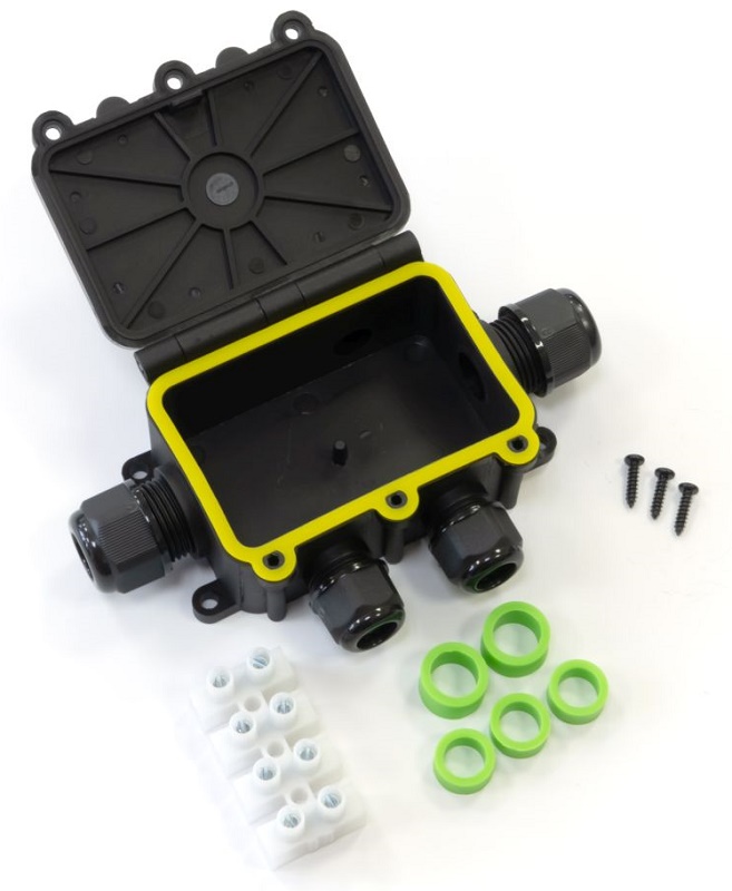 Распределительная коробка с откидной крышкой 5-вводная IP68 ПА66 40А 450В d3,5-12 мм 131х95х37