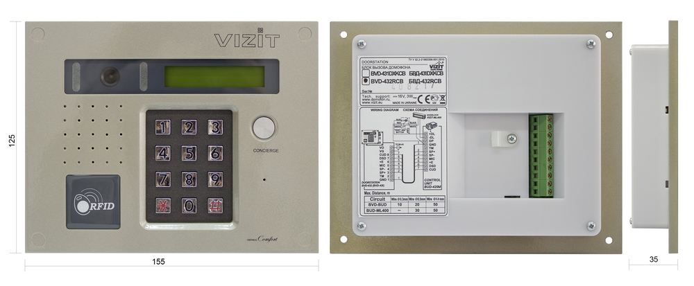 Блок вызова для совместной работы с БУД-420M и БУД-420Р. считыватель VIZIT-RF3 (RFID-13.56МГц). ЖК дисплей, кнопка "Консьерж". Встроенная телекамера цветного изображения  с функцией "День-ночь" (700 tvl, PAL,  0 Lux  / подсветка для телекамеры, объектив BOARD 120°).