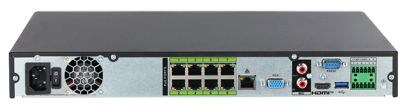 16-канальный IP-видеорегистратор c PoE, 4K, H.265+ и ИИ, Входящий поток до 448Мбит/с; H.265+, H.265, H.264+, H.264, MJPEG; разрешение записи до 32Мп; накопители: 2 SATA III до 20Тбайт; воспроизведение: 16кн@5Mp, 2кн@32Мп; видеовыходы: 1 HDMI (8K), 1 VGA; cеть: 1 RJ45 1000Мбит/с, 8 RJ45 100Мбит/с (PoE/PoE+, до 130Вт, поддержка ePoE); aудиовх/вых: 1/1; тревожные вх./вых.: 4/2; питание: 100~240В(AC); <br />
видеоаналитика: 4кн AcuPick, 4кн детектор лиц и распознавание лиц (12лиц/с), 4кн видео метаданные, 8кн охрана периметра, IVS, 16кн SMD Plus; видеоаналитика с камер: AcuPick, детектор лиц и распознавание лиц, видео метаданные, распознавание номеров ТС, тепловая карта, подсчет людей, интеллектуальный поиск, POS, поддержка тепловизионных (TPC) и мультиматричных камер
