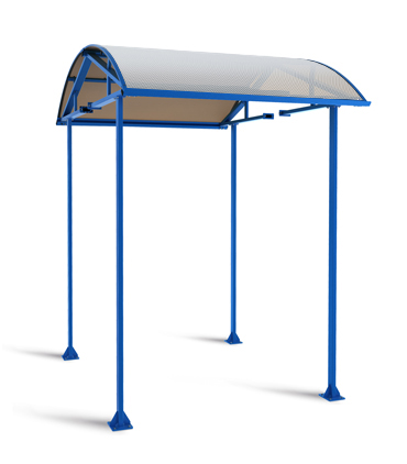 Крыша турникета PERCo-RTD-14/PERCo-RTD-16. Исполнение: стойки и каркас крыши – оцинкованная сталь, синий цвет, заполнение крыши – поликарбонатный пластик. Четыре вертикальные стойки, свод крыши из двух частей