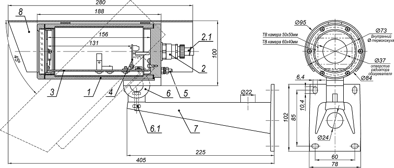 Термокожух взрывозащищенный для видеокамеры. Класс взрывозащиты 1Ex db IIC T6 Gb X / Ex tb IIIC T80°C Db X. Степень защиты IP66/IP68. Рабочий объем 50х50х131 мм. Напряжение питания термокожуха 12VDC. Напряжение питания видеокамеры 12VDC. Мощность обогрева 11 Вт. Диапазон рабочих температур -60° ÷ +50°C. 