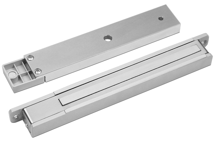 Замок электромагнитный, с датчиком Холла, герконом и индикацией, 200 кг удержания, 12 В/0,35 А, 230х30х19,5 мм, IP20, -20...+40, серый