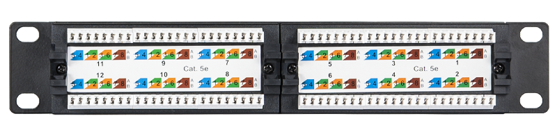 Коммутационная панель 10", 1U, 12 портов, Кат.5e (Класс D), 100МГц, RJ45/8P8C, 110/KRONE, T568A/B, неэкранированная, черная