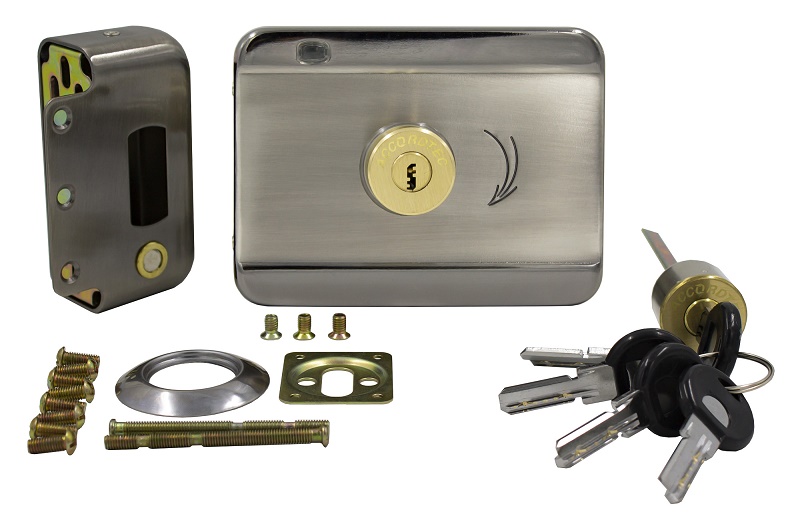 Электромеханический замок моторного типа, накладной, универсальный (дверь наружу, внутрь) нержавеющая сталь, 12В