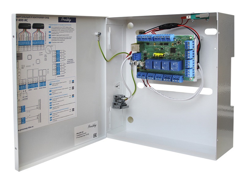PW-400 AC mod.23 - Универсальный IP контроллер СКУД, память: 32000 идентификаторов, журнал событий - 47000, интерфейсы: Ethernet 100Mbit  (разъем RJ45), два  порта Wiegand, mini USB,  8 входов с контролем по току, 4 выхода сухой контакт: два реле 24В 5А, два реле 24В 1А, 250 временных зон, 250 недельных расписаний, с источником питания, металлический корпус под АКБ, контроль заряда АКБ, питание 220В. Универсальный IP контроллер СКУД, память: 32000 идентификаторов, журнал событий - 47000, интерфейсы: Ethernet 100Mbit  (разъем RJ45), два  порта Wiegand, mini USB,  8 входов с контролем по току, 4 выхода сухой контакт: два реле 24В 5А, два реле 24В 1А, 250 временных зон, 250 недельных расписаний, с источником питания, металлический корпус под АКБ, контроль заряда АКБ, питание 220В.