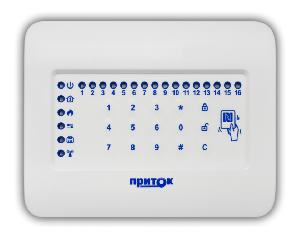 Мембранная клавиатура для работы с приборами Приток-А-КОП. Подключение по шине расширения. Считыватель брелоков Приток-NFC. Индикация 16 шлейфов. Питание 12В. Корпус М8