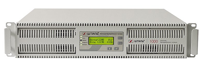 Источник бесперебойного питания в стойку, on-line (с двойным преобразованием), чистая синусоида, 1000 ВA (900 Вт); U-вх.220 В; встроенные аккумуляторы, 3х12В/9Ач, U-акб.36 В, I-заряд.1 А; ЖК-дисплей; выходные разъёмы - IEC-320-C13 (3 шт.), EURO F-type с заземлением (1 шт.); холодный старт, совместим с генератором; высота 2U; IP20, t-раб.+5...+40°C, 88х466х411 мм
