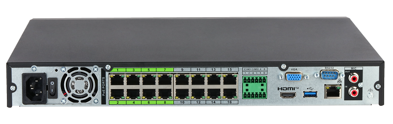 16-канальный IP-видеорегистратор c PoE, 4K, H.265+ и ИИ, Входящий поток до 448Мбит/с; сжатие: H.265+, H.265, H.264+, H.264, MJPEG; разрешение записи до 32Мп; накопители: 2 SATA III до 20Тбайт; воспроизведение: 16кн@5Mp, 2кн@32Мп; видеовыходы: 1 HDMI (8K), 1 VGA; cеть: 1 RJ45 1000Мбит/с, 16 RJ45 100Мбит/с (PoE/PoE+, до 130Вт, поддержка ePoE на 1-8 портах); aудиовх/вых: 1/1; тревожные вх./вых.: 4/2; питание: 100~240В(AC); видеоаналитика: 4кн AcuPick, 4кн детектор лиц и распознавание лиц (12лиц/с), 4кн видео метаданные, 8кн охрана периметра, IVS, 16кн SMD Plus; видеоаналитика с камер: AcuPick, детектор лиц и распознавание лиц, видео метаданные, распознавание номеров ТС, тепловая карта, подсчет людей, интеллектуальный поиск, POS, поддержка тепловизионных (TPC) и мультиматричных камер