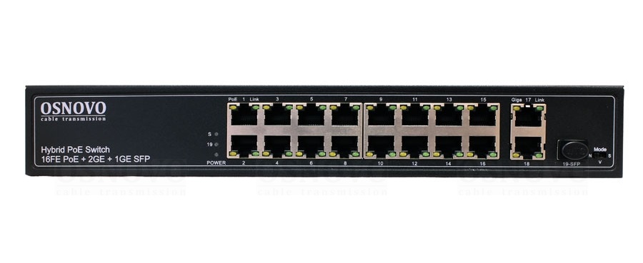 PoE коммутатор Fast Ethernet на 16 x RJ45 PoE + 2 x RJ45 GE + 1 SFP GE порта. Мощность PoE на порт - до 30W. PoE до 292W. до 250м, AC100-240V. Встроенный БП. 19", 295x45x195мм. -10...+55гр. С.