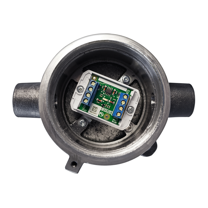 Блок разветвительно-изолирующий взрывозащищенный. Обеспечивает изоляцию короткозамкнутого участка двухпроводной линии связи контроллера С2000-КДЛ с последующим автоматическим восстановлением после устранения неисправности. Корпус из нержавеющей стали