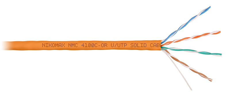 Кабель U/UTP 4 пары, Кат.5e (Класс D), тест по ISO/IEC, 100МГц, одножильный, BC (чистая медь), 24AWG (0,51мм), полимерный материал нг(А)-HF, внутренний, оранжевый, 305м