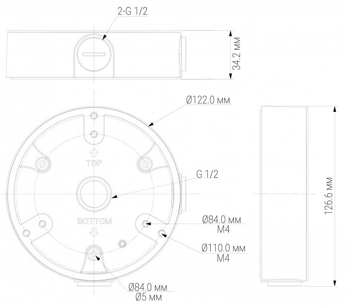 Монтажная коробка для купольных видеокамер; резьба M20 (G1/2''); 122*33,8 мм; до 1кг