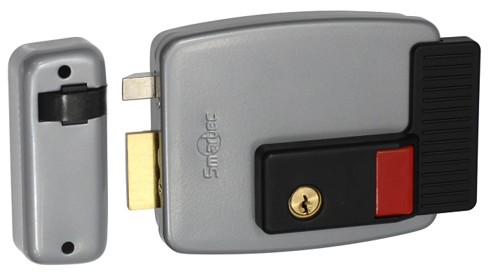 Эл-мех. накладной замок, НЗ, правая дверь, цилинр снаружи и изнутри, кнопка изнутри (блокировка кнопки), питание 12VDC/3.3А, -35°+50°С, окрашенная сталь.