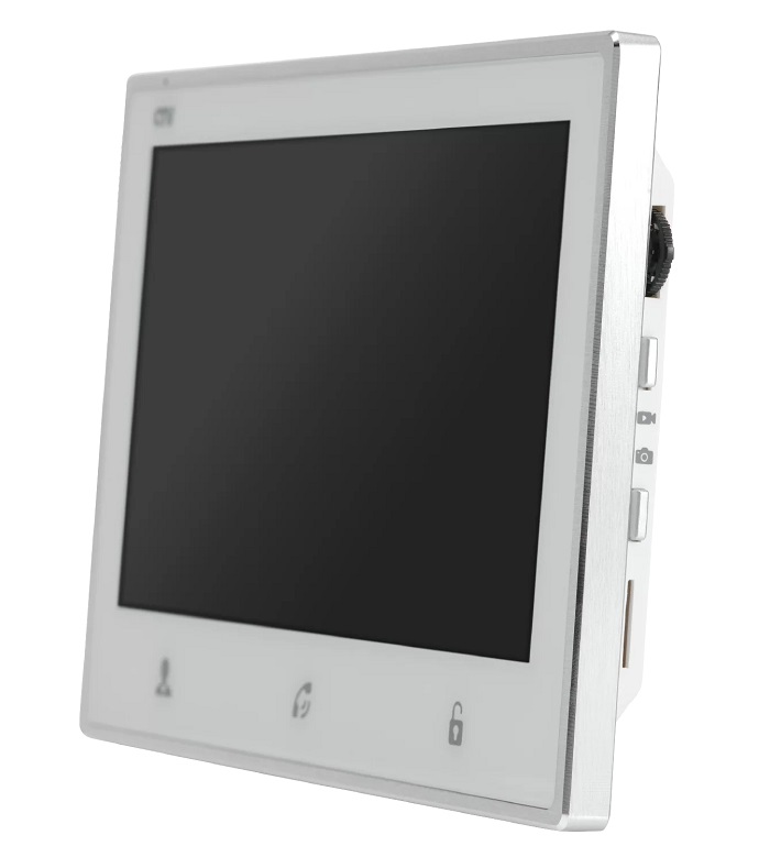 Монитор видеодомофона в корпусе с метал. рамкой, CVBS, белый, Дисплей IPS 7", 1024х600, до 2 панелей, до 2 видеокамер, SD до 32Gb, панель из стекла с сенсорным управлением "Easy buttons", детекция движения, адресный интерком, встроенный источник питания