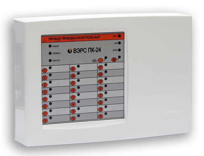 Контрольный прибор 24  ШС (охранные, пожарные, технологические), 3 реле ПЦН (одно реле: ~250В/7А; два реле: ~120В/2А,), АКБ 7 А*ч,  встроенный порт USB, подключение внешних блоков по RS-485. Пластмассовый корпус.