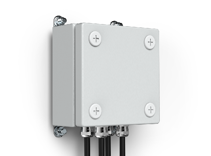 Коробка распределительная из листовой стали 1,2мм (грунтовка, порошковое покрытие) для коммутации цепей питания и линий связи. Четыре гермоввода под кабель 6-10мм. -60°÷ +70°С. IP66. 150х150х78мм