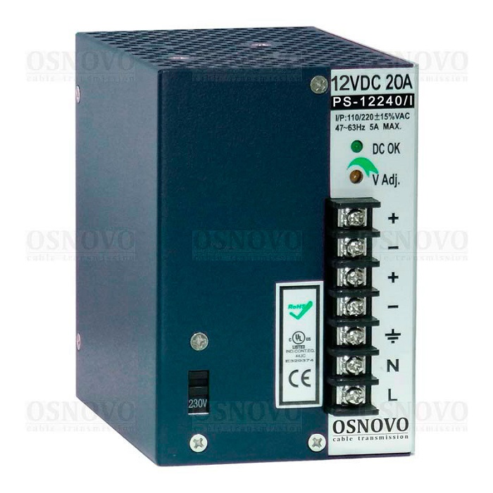 Промышленный блок питания. DC12V, 20A (240W). Защита от короткого замыкания, перенапряжения и перегрузки. Принудительная система охлаждения (вентилятор). на DIN-рейку или стену. 75x110x121мм. -40...+50°C.