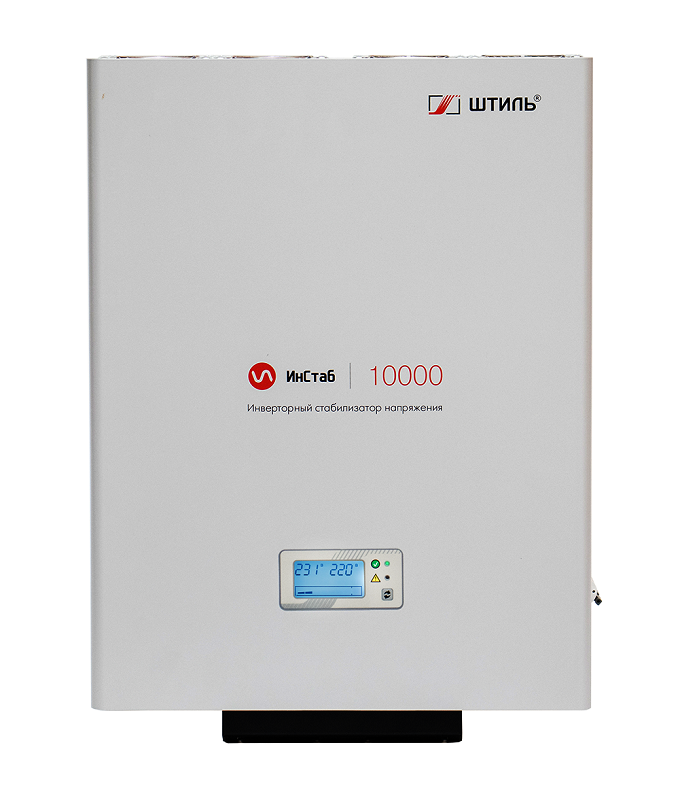 Стабилизатор переменного напряжения инверторный (с двойным преобразованием) однофазный, чистая синусоида; P-нагр.10 кВА/9 кВт, U-вх.165…310 В, U-вых.220…230 В (с шагом 1 В), I-вых.45 A; IP20, t-раб. +5…+40°C, 498х370х101 мм