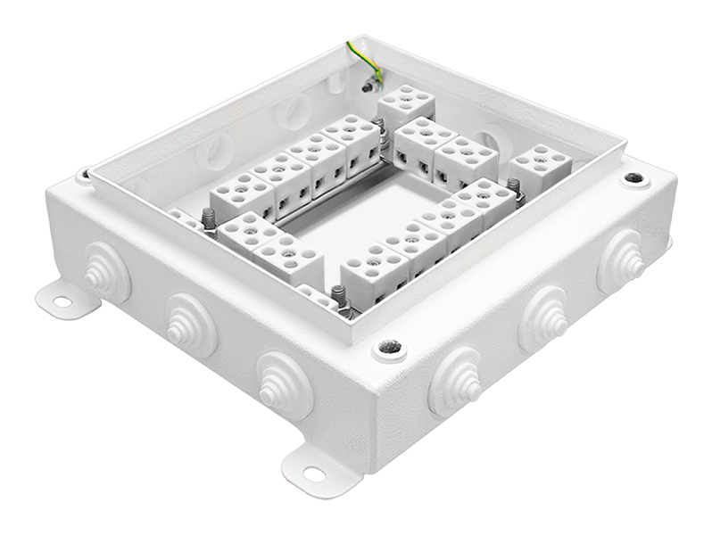 Коробка монтажная огнестойкая IP55, 12 вводов,&nbsp;&nbsp;фарфоровый клеммник 32 контакта, до - 3 мм кв., 200х200х60 мм, Сталь оцинкованная 1,2 мм с полимерным покрытием (белый)
