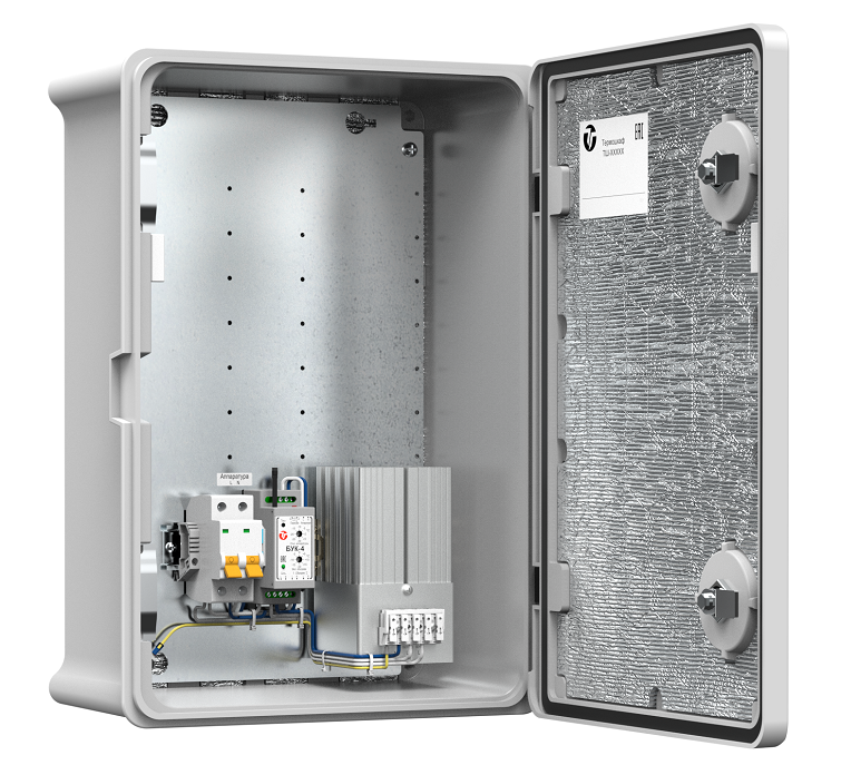 Термошкаф из армированного стекловолокном полиэстера с обогревом. Класс ударопрочности IK10.&nbsp;&nbsp;-60° ÷ + 80°C.&nbsp;&nbsp;IP66. Потребляемая мощность 195 Вт. Напряжение питания 230V ± 10% AC, 6A. 350х500х204мм.