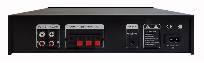 Микшер-усилитель трансляционный. Выходная мощность 30Вт. Входы: 1 микрофонный, 1 линейный. Выходное напряжение: 100В. Возможность работы на нагрузку сопротивлением&nbsp;&nbsp;4-16 Ом.&nbsp;&nbsp;AC220В 50 Гц/ DC24V. USB порт для воспроизведения файлов MP3. Bluetooth, встроенный FM тюнер.